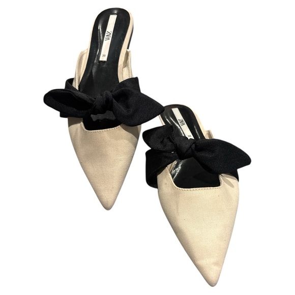 Zara Black and Cream Mules with Bow Detail - Picture 4 of 7